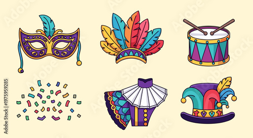 A colorful vector graphic illustration of Mardi Gras icons and symbols