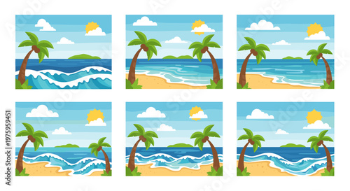 A set of six identical beach scenes with palm trees and sunny weather in a vector graphic illustration