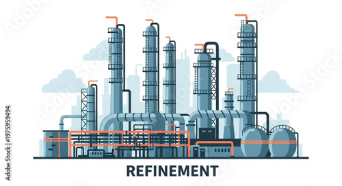 Detailed Illustration of an Industrial Oil Refinery Plant.