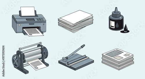 A set of office supplies and printing equipment in a minimalist vector illustration