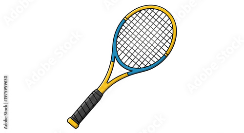 A colorful illustration of a tennis racket with a blue and yellow frame