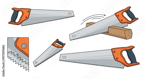 A set of orange and black handled handsaws in various positions and angles for cutting wood