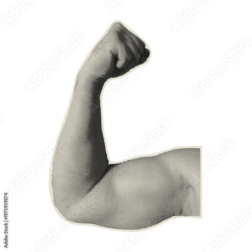 Halftone collage male bicep. Vintage Strong biceps of muscular bodybuilder arm. Paper Cut out Pop art Sport Man hand. Powerful energy, fitness gym workout concept. Modern retro vector illustration.