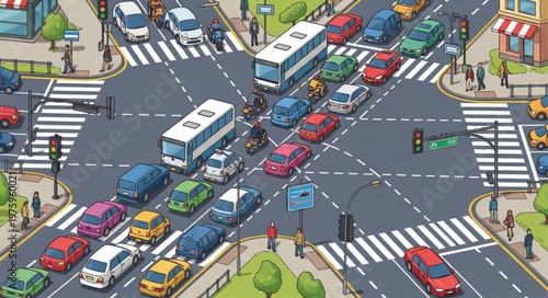 Buses and Cars at a Busy City Intersection.