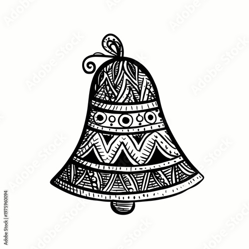 A doodle illustration of a Christmas bell with holiday patterns