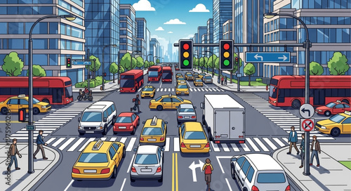 Bustling City Intersection with Diverse Vehicles and Pedestrians.