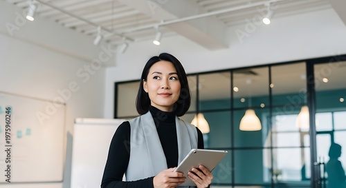 Asian businesswoman with tablet, smiling, looking upwards in modern office setting