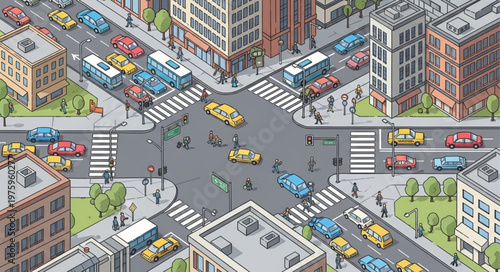 Isometric City Intersection with Cars, Buses, and Pedestrians.