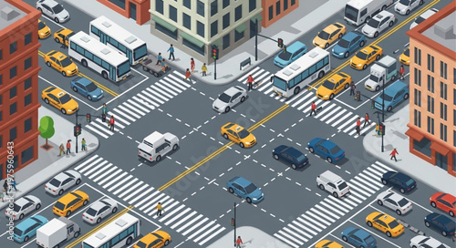 Isometric City Intersection with Cars, Buses, and Pedestrians.