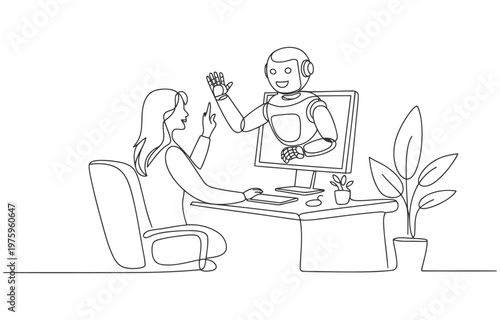 Woman interacting with a robot assistant on a computer screen artificial intelligence line art digital assistant home office computer interaction technology assistance communication dialogue