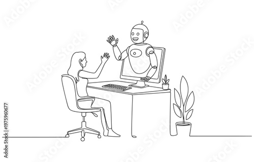 Woman interacting with a robot on a computer screen artificial intelligence line art digital assistant home office computer interaction technology assistance communication collaboration