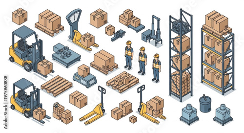 Warehouse forklift pallet rack inventory handling equipment.