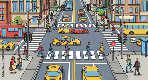 Busy City Intersection with Pedestrians and Vehicles.