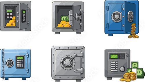 Bank Safe Vault Collection with Cash, Gold, and Security Locks for Finance, Investment, and Protection Vector Illustration Designs