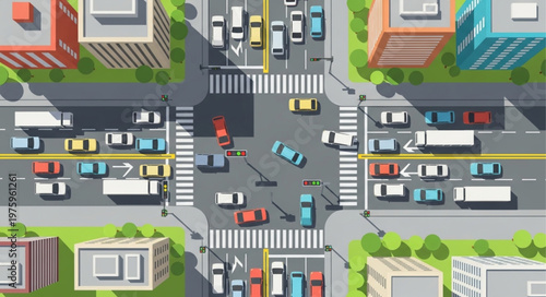 Aerial View of a Busy City Intersection with Cars.