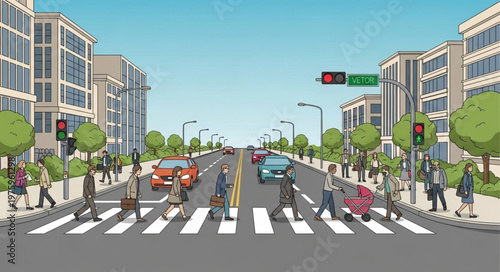 Bustling City Street Scene with Pedestrians and Traffic.