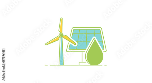 Clean energy sources wind turbine solar panel and water drop icon