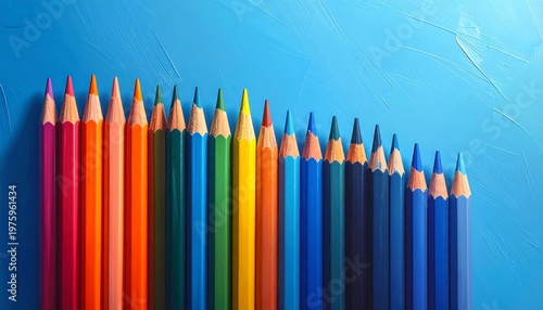 Colorful Pencils Arranged in a Row on a Blue Surface.