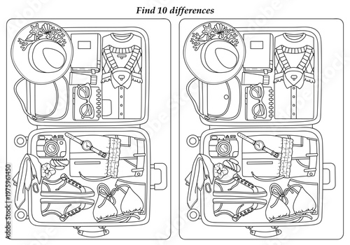 Travel suitcase find differences coloring page