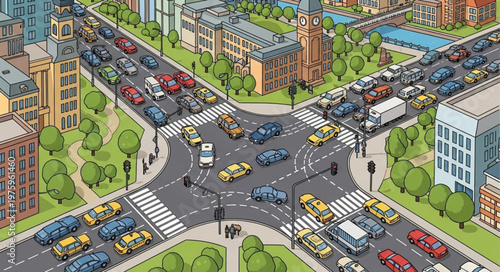 Busy City Intersection with Heavy Traffic and Pedestrian Crossings.