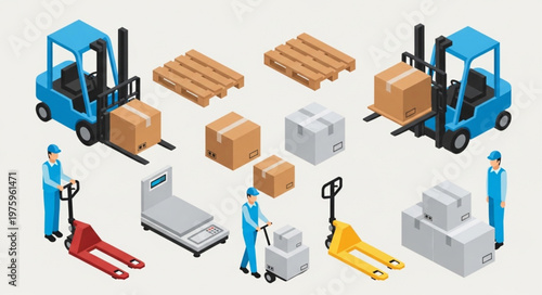 Warehouse forklift and pallet jack operations with workers.