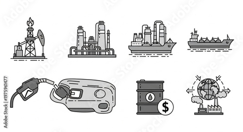 Oil Industry Icons - Extraction, Refinement, Transportation, and Global Market.
