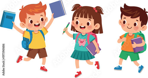 Cute Vector Illustration of Happy Children with Backpacks, Books, and School Supplies for Education and Back to School Themes