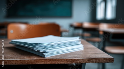 Exam Papers on Desk: Close-up of exam papers neatly stacked on a wooden desk in a classroom setting, offering a glimpse into the academic environment.