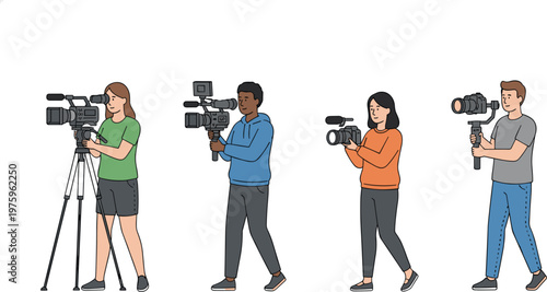 Professional videographers and camera operators using movie cameras stabilizers and tripods for film production and journalism vector illustration set.