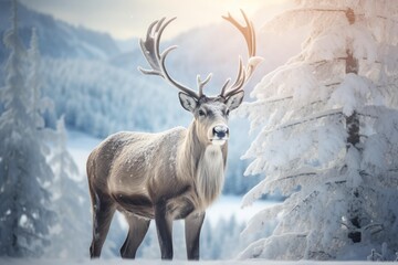 Reindeer standing front and center in a serene winter landscape with snow covered trees