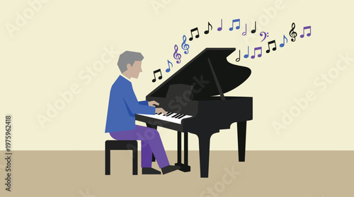 Man playing a grand piano with musical notes floating in the air.