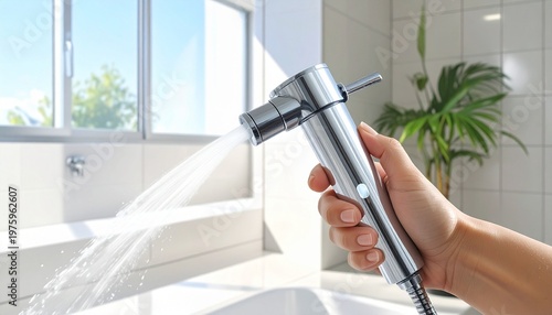 Close-up of chrome handheld bidet sprayer with water flowing in modern bathroom, white tiled walls, toilet, and natural light from large window, symbolizing hygiene, sanitation, and contemporary conve