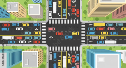 Aerial View of Busy City Intersection with Heavy Traffic.