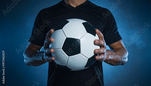 Dramatic Athlete Holding Soccer Ball with Moody Blue Backlight