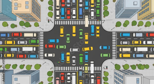 Aerial View of a Busy City Intersection with Traffic.