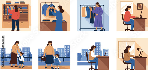Vector Illustrations of a Busy Woman’s Daily Routine: Closet Organization, Shopping, Working, and Taking Care of Family