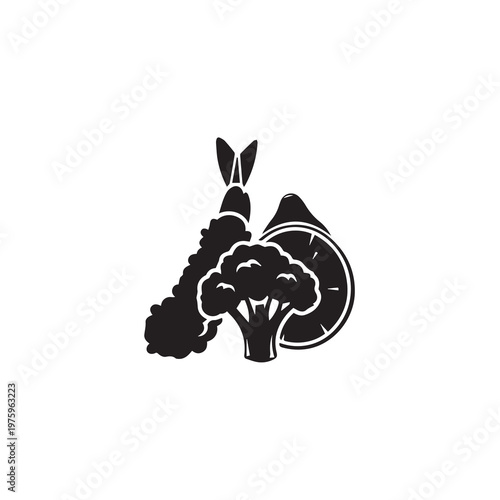 Crispy tempura shrimp with broccoli and lemon slice silhouette