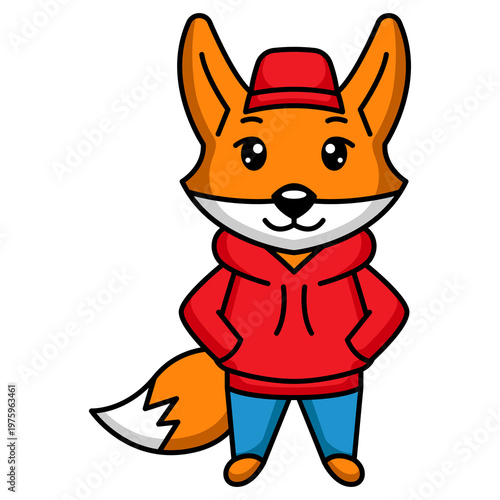 Illustration of clipart design of fox wearing jacket and jeans mascot character.