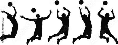 Volleyball player silhouette set, jumping spike serve action poses black vector collection isolated on white background, sport illustration design