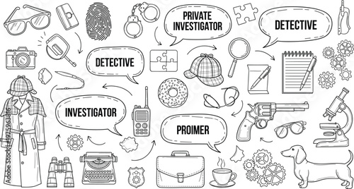 Detective vector bundle, investigation icons in black and white, magnifying glass, trench coat, clues, perfect for mystery branding, education, design, decor