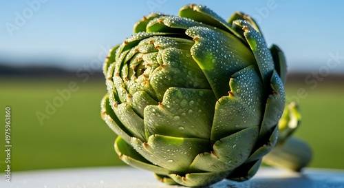 Fresh Green Artichoke with Water Droplets Close Up