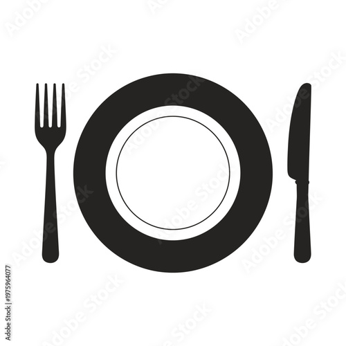 Place setting icon in minimal style, featuring plate, fork, and knife, representing dinner, lunch, hospitality, restaurant, and tableware concept.