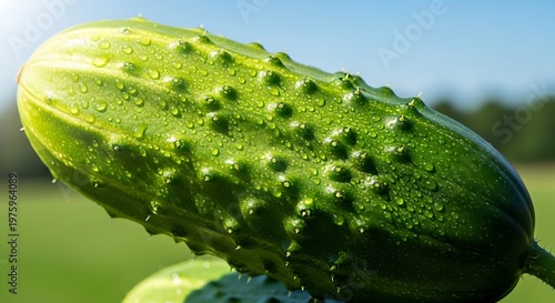 Fresh Green Cucumber with Water Droplets Macro Close-Up in Natural Light