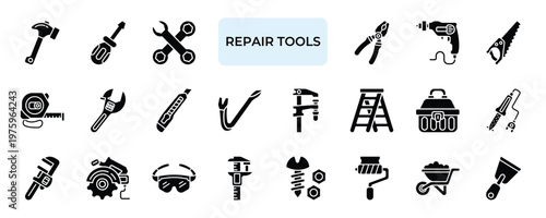 Repair Tools Icon set Collection in Solid Glyph Style. hammer, screwdriver, wrench, mechanic, toolkit, maintenance, service