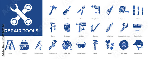 Repair Tools Icon set Collection in Glyph Two Color Style. hammer, screwdriver, wrench, mechanic, toolkit, maintenance, service
