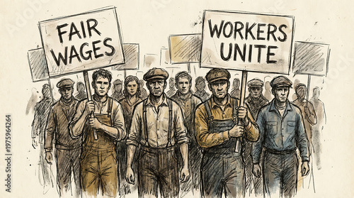 Vintage-style illustration of workers marching with Fair Wages and Workers Unite signs, symbolizing labor rights, solidarity, and collective action on Labor Day.