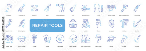 Repair Tools Icon set Collection in Line Two Color Style. hammer, screwdriver, wrench, mechanic, toolkit, maintenance, service