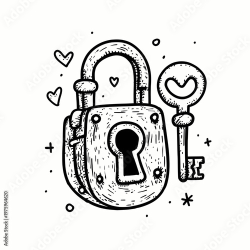 A doodle illustration of a lock and key with hearts symbolizes love and security.