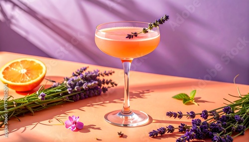 Pink Citrus Cocktail with Lavender on Purple and Coral Minimal Background