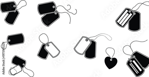 Dog tag silhouette illustration, black vector design showing military ID tags, heart-shaped pendant, ball chains, commemorative concept, identification theme